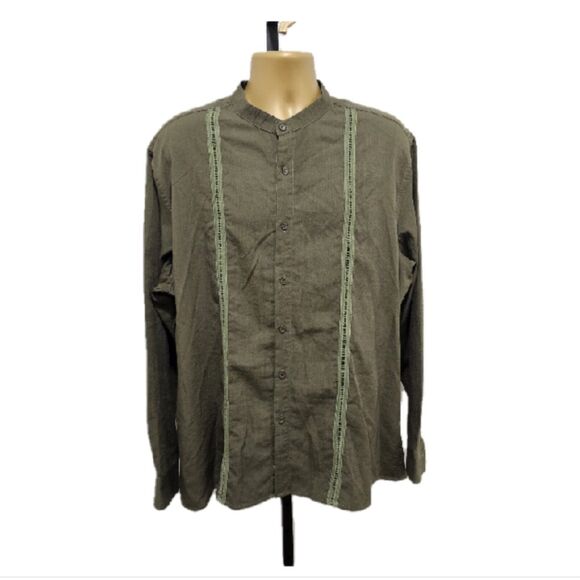 Coofandy Shirt Mens XXL Olive Sage Green Embroidered Goblincore Office Career - Picture 1 of 7
